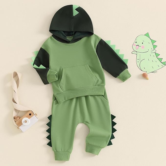 2Pcs Baby Boys Hoodie Tops Pants Set Dinosaur Deer Print Sweatsuit Fall Winter Outfits