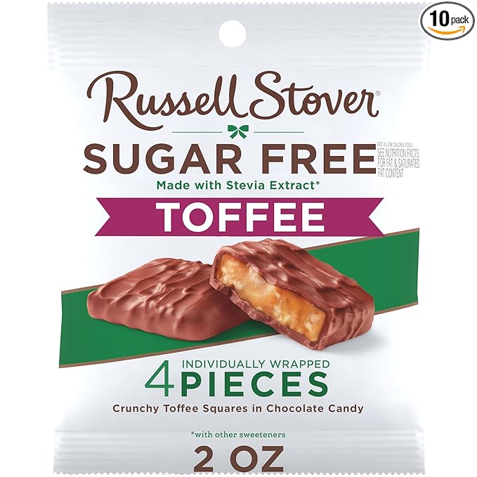 RUSSELL STOVER Sugar Free Toffee Squares in Chocolate Candy, 2 oz. bag (Pack of 10)