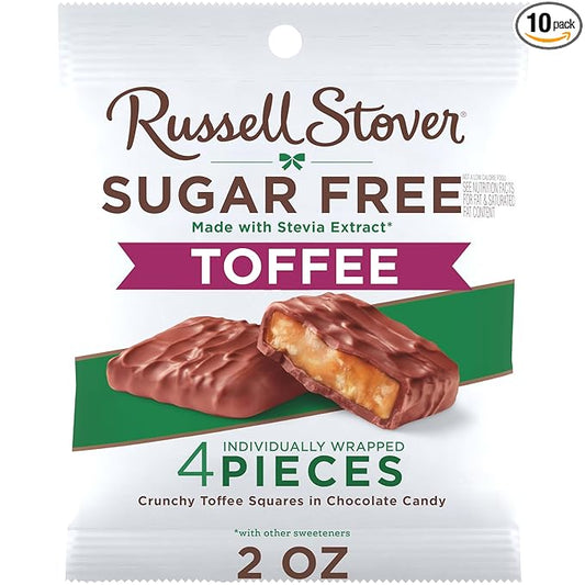 RUSSELL STOVER Sugar Free Toffee Squares in Chocolate Candy, 2 oz. bag (Pack of 10)
