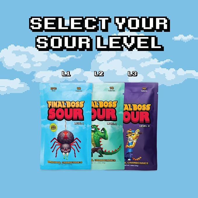 Final Boss Sour Candy, Sour Cranberries, 10 Pack, Level 1, Fruit Chews with Real Dried Fruit, No Artificial Colors or Flavors, Low Calorie Snack for Kids, Teens, Adults, Lunch Boxes & On The Go