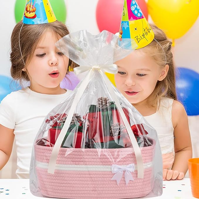 OIAHOMY Large Woven Storage Basket with Handles for Nursery Living Room Shelves, Bow Basket for Gifts Empty with Gift Bags and Ribbons for Baby Showers Pet Toy Bin - Pink