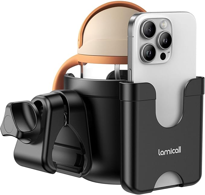 Stroller Cup Holder with Phone Holder - [Upgraded Anti-Slip Grips] [2-in-1] Walker Cup Holder, Wheelchair, Stroller Accessories, Universal Holder for Uppababy, Doona, Nuna, Jogger, Britax, Bugaboo