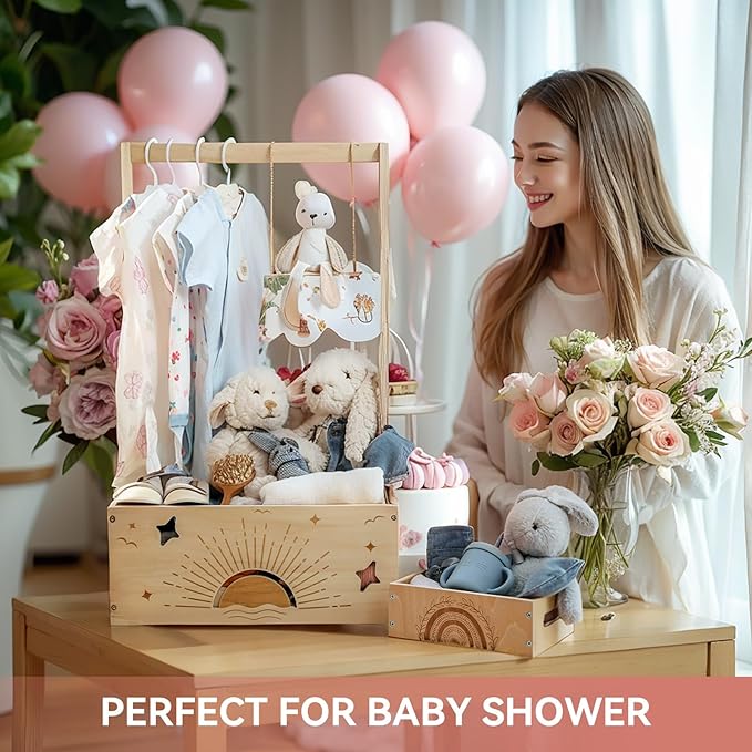 Wooden Baby Shower Crate Closet Set with 10 Hangers, Baby Clothing Rack,Shower Party Basket with Handle and Swing, Large Capacity Baby Storage Crate, Newborn Baby Gifts Basket for New Parent ( 2 PCS)
