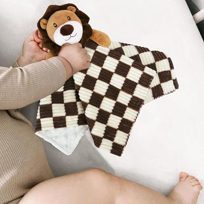 Baby Lovey Blanket for Boys Girls Super Soft Checkerboard Gingham with Minky Dot Fabric Backing Lion Lovely Black 14 Inch