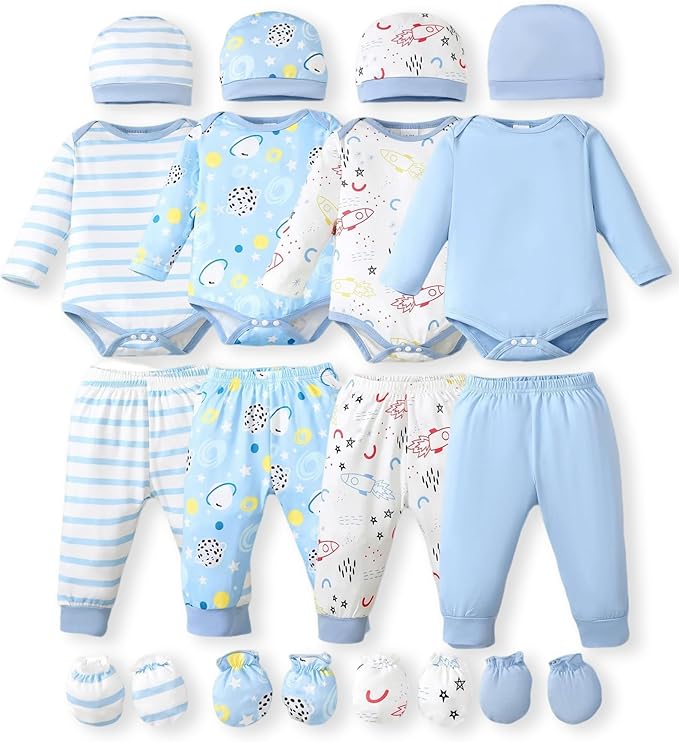 NZRVAWS Newborn Baby Boy Girl Clothes Unisex Infant Romper Pants Set Hat 4-Pack Outfits 0-12 Months 16 Pieces Toddler