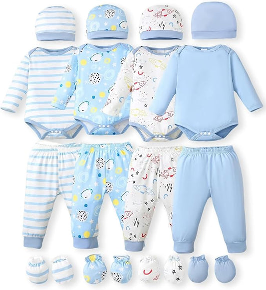 NZRVAWS Newborn Baby Boy Girl Clothes Unisex Infant Romper Pants Set Hat 4-Pack Outfits 0-12 Months 16 Pieces Toddler
