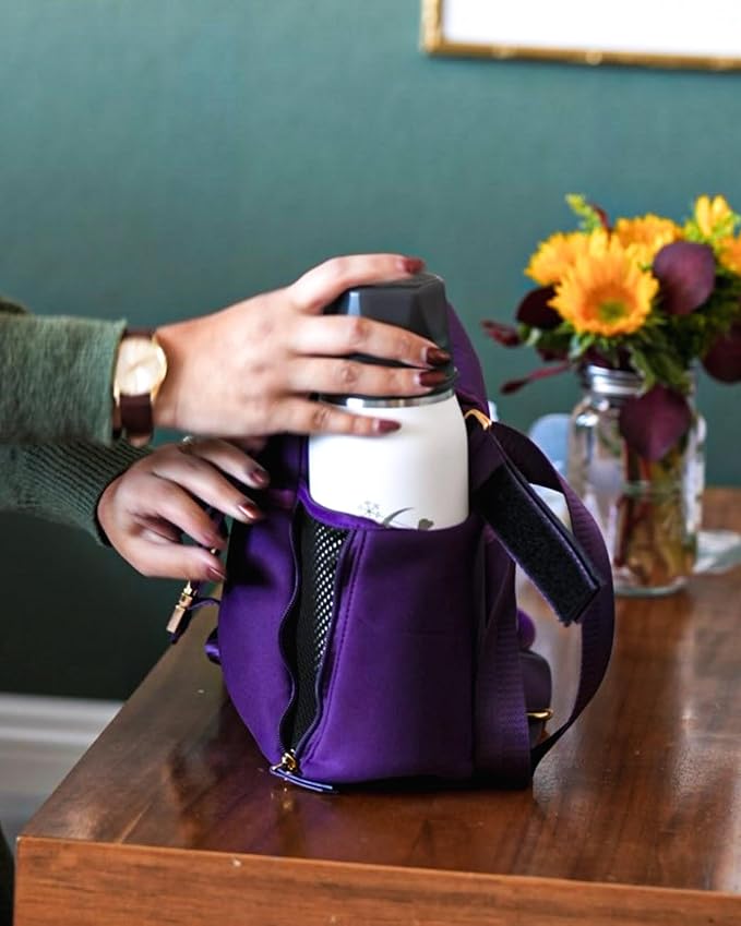 Sarah Wells Stroller Caddy & Pump Bag – Insulated Neoprene Diaper Organizer with Crossbody Strap, Machine Washable, Luggage Sleeve – Fits Single & Double Strollers (Purple)