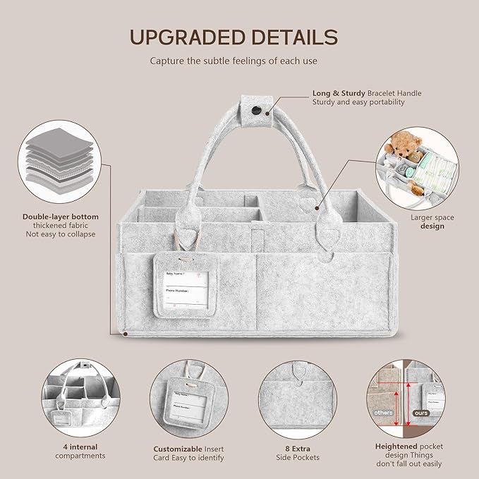 GEMII Diaper Caddy Organizer - Large Baby Caddy Organizer with Handle for Newborn Essentials Boy or Girl (Gray, Large)
