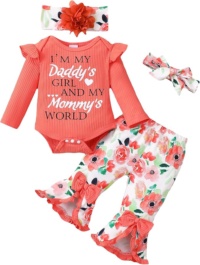 SUNNY PIGGY Newborn Baby Girl Clothes Infant Outfits Romper Floral Fall Outfit Bell Bottoms Pant Sets Hat Headband Flowerpant