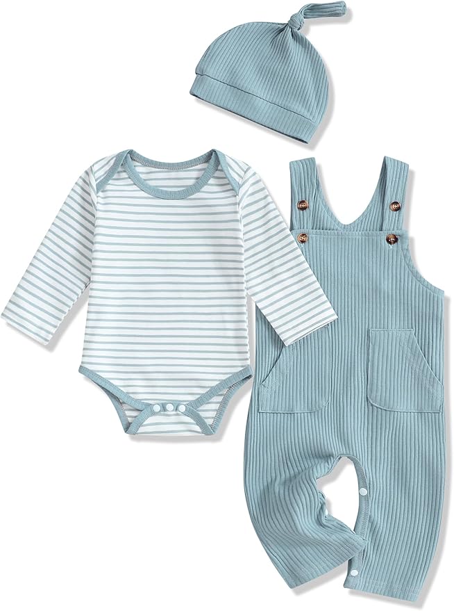 oklady Baby Boy Clothes Stripe Pattern Print Romper Top and Baby Overalls with Hat 0-18 Months Baby Boy Outfits