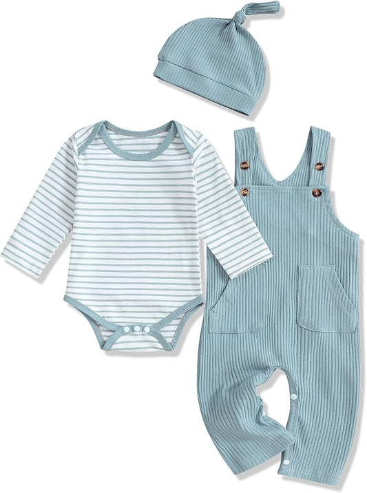 oklady Baby Boy Clothes Stripe Pattern Print Romper Top and Baby Overalls with Hat 0-18 Months Baby Boy Outfits