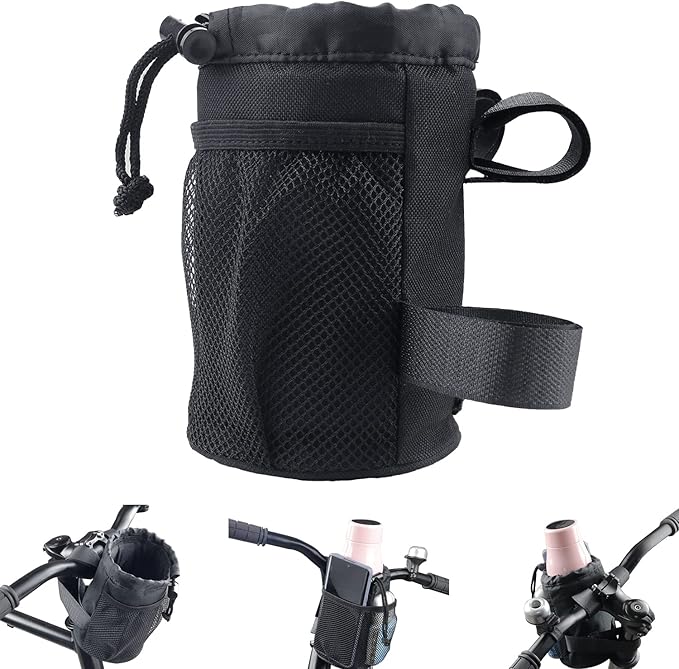 Bike Cup Holder With Mesh Oxford Pocket - Handlebar Water Bottle and Phone Holder for Mountain, Road, e-Bike, Kids Bikes, Wheelchairs, Cruisers