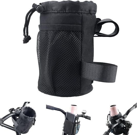Bike Cup Holder With Mesh Oxford Pocket - Handlebar Water Bottle and Phone Holder for Mountain, Road, e-Bike, Kids Bikes, Wheelchairs, Cruisers