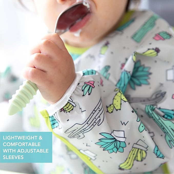 Bumkins Sleeved Bib for Girl or Boy, Baby and Toddler for 6-24 Mos, Essential Must Have for Eating, Feeding, Baby Led Weaning Supplies, Long Sleeve Mess Saving Food Catcher, Soft Fabric, Cactus Green