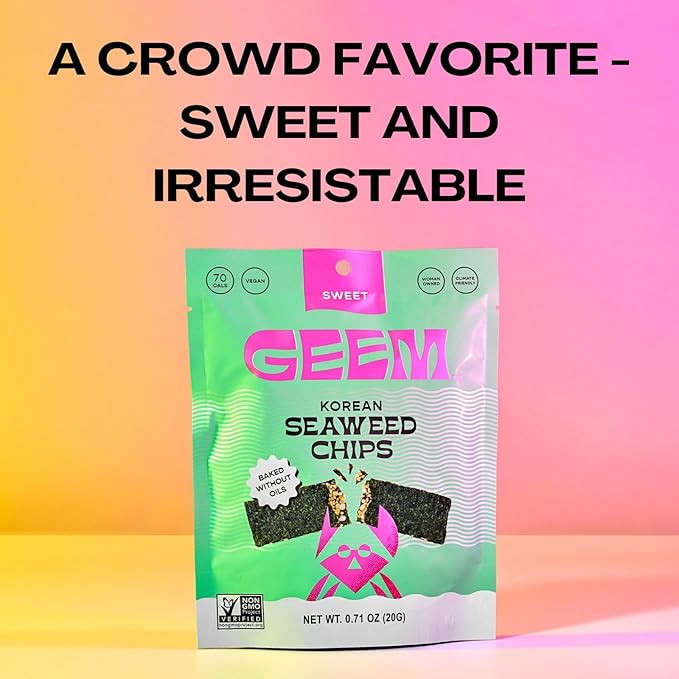 GEEM Seaweed Snacks – Korean Seaweed Chips with Rice Crisps & Sesame | Crunchy, Oil-Free Snack | Vegan, Non-GMO | Great for Kids & Adults | Variety 4-Pack