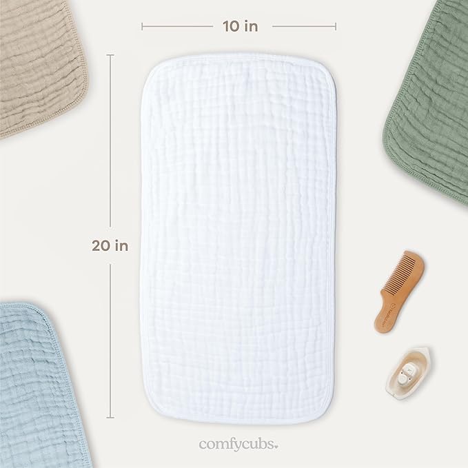 Comfy Cubs Muslin Burp Cloths 20" x 10", Pack of 6 - Large, 6-Layer, Ultra Absorbent 100% Cotton for Baby Spit-Up, Drool, and Messes - Soft, Safe & Gentle Baby Burp Cloths Set for Boys & Girls - White