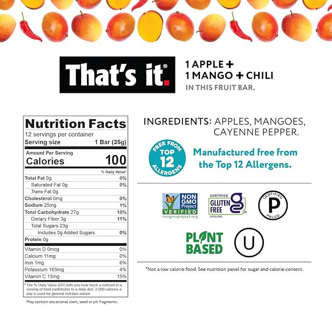 That's it. Apple+Mango+Chili 100% Natural Great Tasting Real Dried Fruit Bar, Vegan, Gluten Free, Paleo, Kosher, Non GMO, No Preservatives, No Added Sugar (12 Packs)