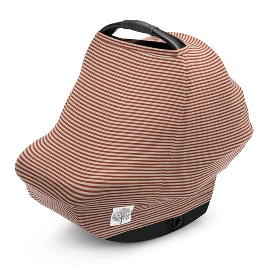Parker Baby 4 in 1 Car Seat Cover for Girls and Boys - Stretchy Carseat Canopy, Nursing Cover, Grocery Cart Cover, High Chair Cover - “Clay/Alpaca Stripes”