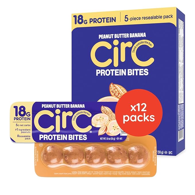 CirC Protein Bites - 12 Count Peanut Butter Banana High Energy Balls - 18g of protein from 4g Collagen 5g of net carbs, Whey & Peanuts - Portable Healthy Snacks in 5-Piece Resealable Packs