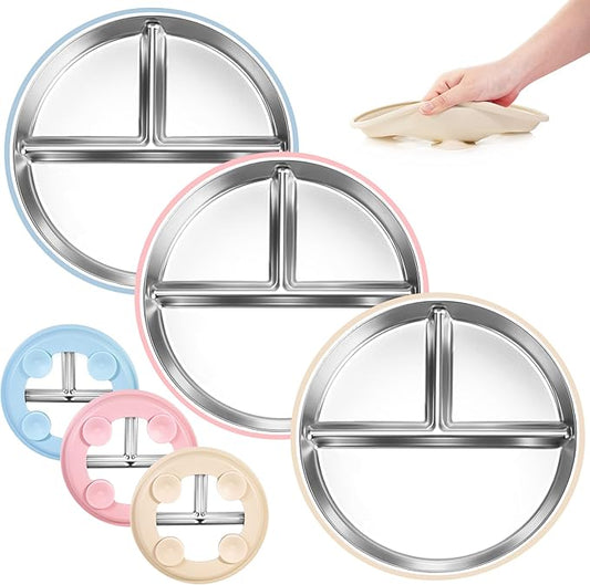 Bella's Friends Stainless Steel Baby Plates with Suction 3 Pack, 9” Divided Toddler Plates with Removable Silicone Sleeves for Mess-Free Feeding, Non-Toxic, Non-Slip, Dishwasher Safe, Beige,Pink,Blue