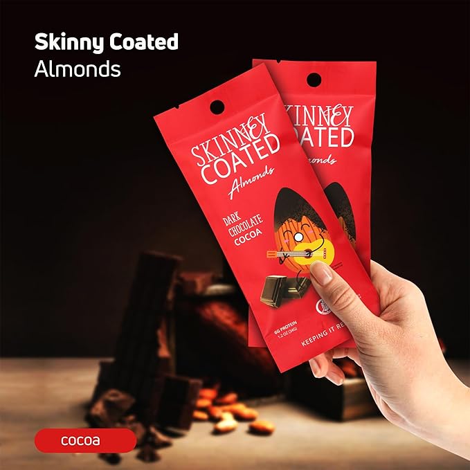 Skinny Coated Dark Chocolate Cocoa Snacks, Cocoa Flavored Almonds Healthy Chocolate Snacks in Bulk - Skinny Almonds, Kosher, Gluten Free Sweet Snacks for Adults, 1.2Oz p/Bag, 6 Pack