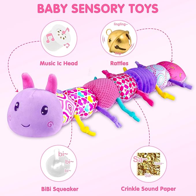 Baby Infant Musical Stuffed Animal Soft Toy with Multi-Sensory Crinkle, Rattle & Textures,Baby Girl Toy Birthday Gift for 0 3 6 9 12 Months+,Caterpillar,Purple