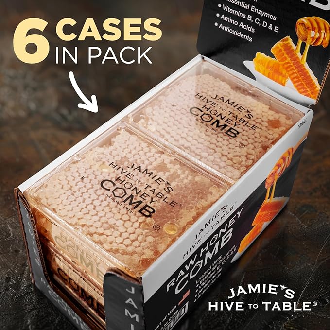 Jamie's Hive To Table 100% Raw Honeycomb, 72 Oz (Pack of 6) – All-Natural Pure Georgia Honeycomb – Fresh Georgia Honeycomb with Bee Pollen and Propolis, No Additives or Preservatives, Non-GMO
