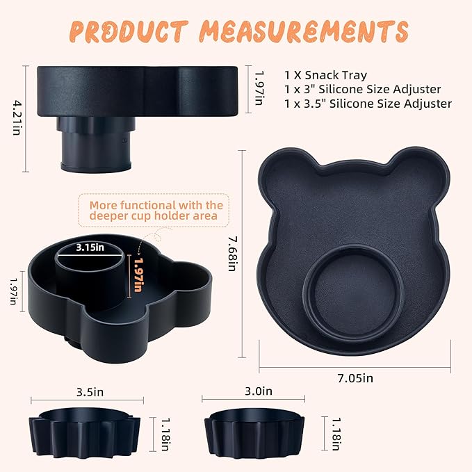 LEORAY Car Seat Snack Tray Silicone with Deeper Cup Holder, Food Tray for Kids Toddler Travel with 2 Different Size Adapters, Fits Most Car Seat and Other Seats with Cup Holders (Black)