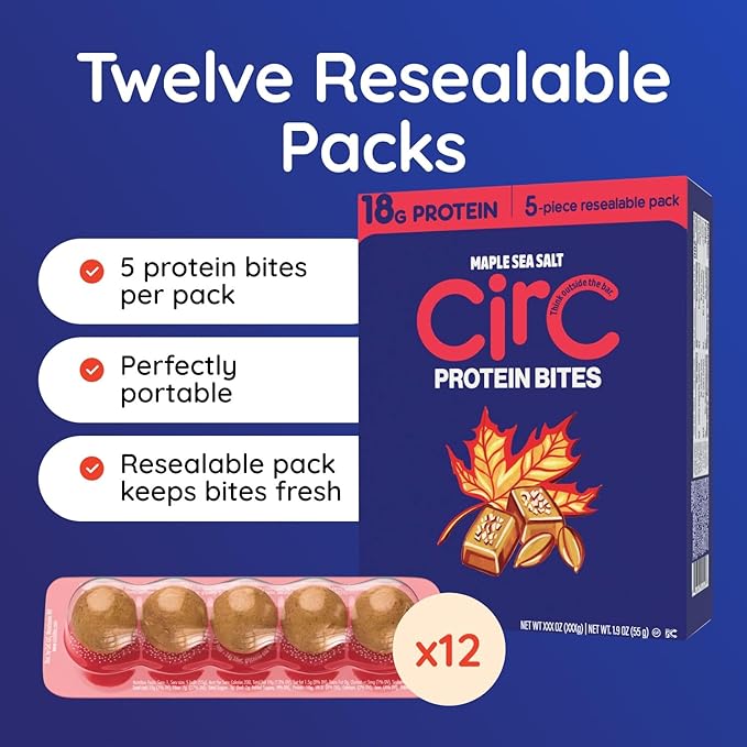 CirC Protein Bites - 12 Count Maple Sea Salt High Energy Balls - 18g of protein 4g Collagen, 5g net carb, Whey & Peanuts - Portable Healthy Snacks in 5-Piece Resealable Packs