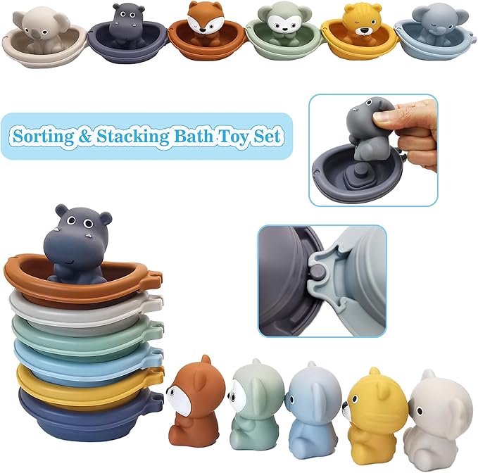 Bath Toys Floating Boats, 12Pcs Bath Toys for Kids Ages 1-3 or Babies 6-12-18 Months, Mold Free Bath Pool Toy for Toddlers 2-4, Stacking Toys, Soft Finger Puppets Animals Bath Toy