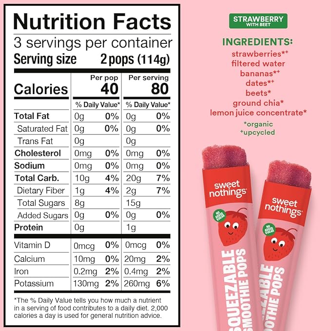 Sweet Nothings, Strawberry, USDA Organic Kids' Squeezable Fruit Smoothie Popsicle Pops, Value Pack of 24 - Dye-Free, No Added Sugar, Dairy-Free, Vegan, Organic Fruit and Veggie Pops, Freeze & Enjoy