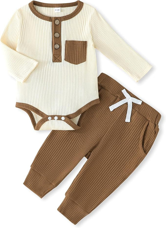 Newborn Baby Boy Girl Clothes Ribbed Knit Cotton Long Sleeve Romper Long Pant Preemie Solid Color Unisex Outfits