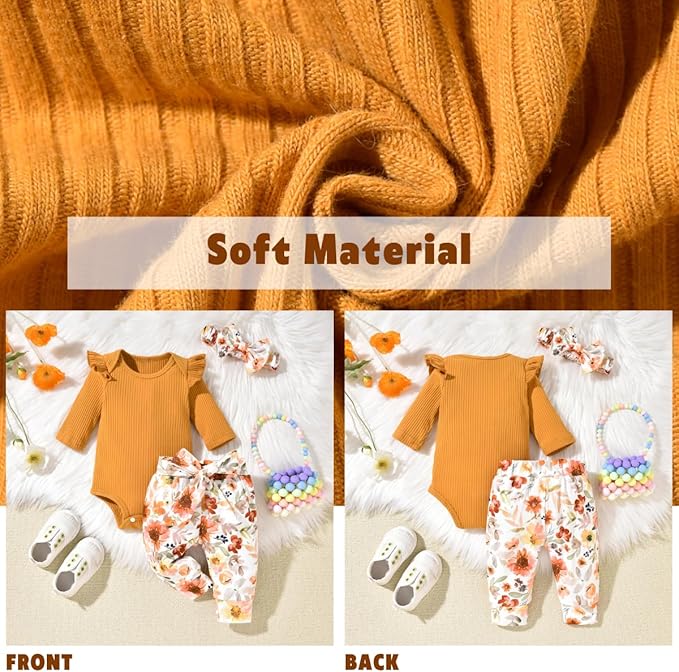 Aalizzwell Preemie Newborn Infant Baby Girls Clothes Ribbed Romper Bodysuit Pants Set Fall Winter Outfits