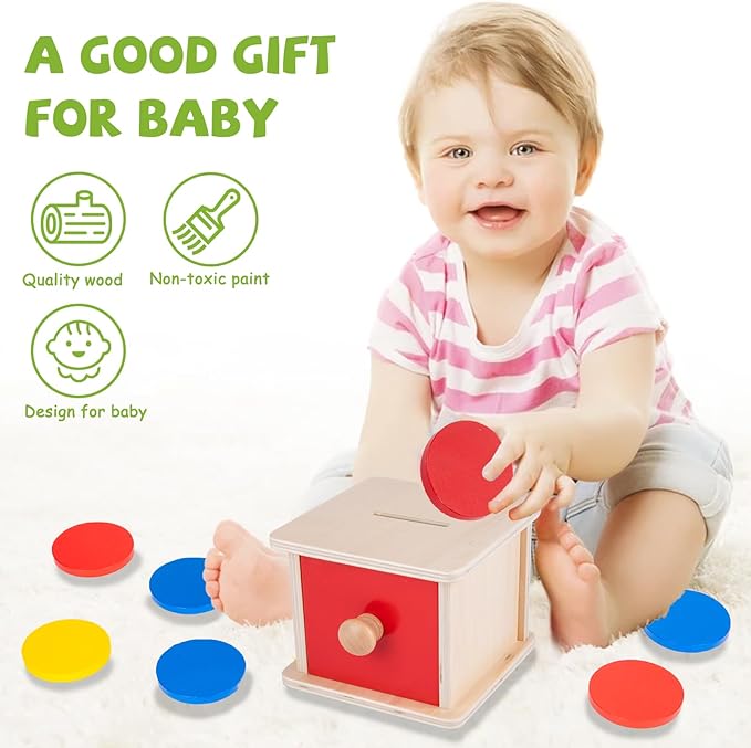 Adena Montessori Coin Lock Box,2 in 1 Object Permanence Box Toys for 1 Year Old Baby Coins,Wooden Mechanisms Help Develop Probelm Solving Skills Toys for 6-12 Month Infant Toys,Learning Kids Gifts