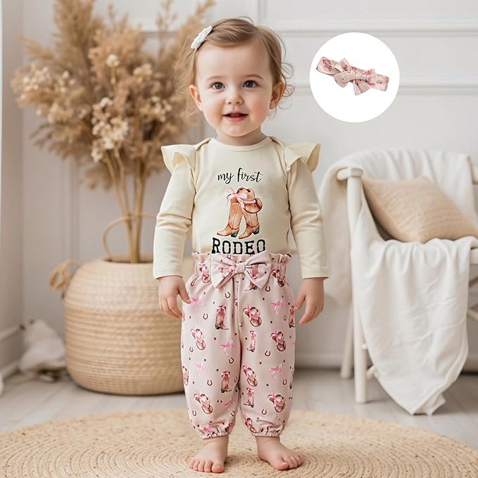 Fernvia Western Newborn Baby Girl Clothes Long Sleeve Letter Print Romper Animal Print Pants Headband 3Pcs Outfits Sets
