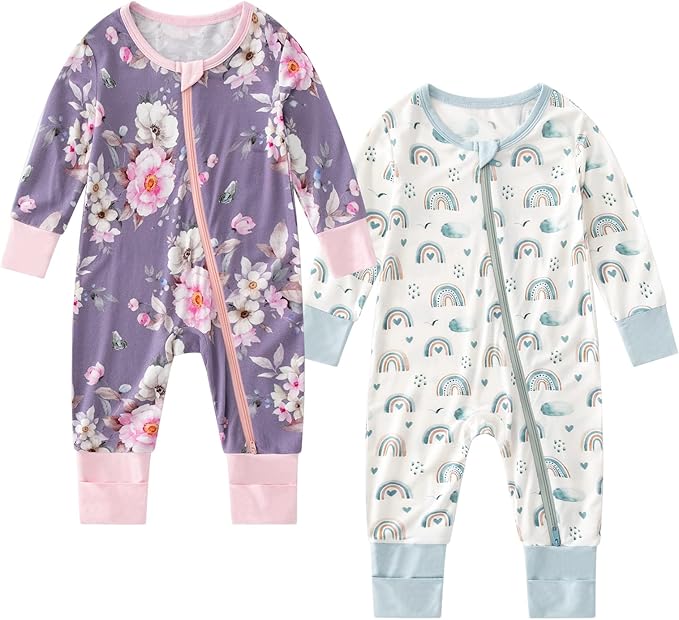 OPAWO Viscose from Bamboo Baby Pajamas Girl 2pack Mittens Cuff 2 Way Zipper Soft Footless Sleeper Baby Boy One-Piece Romper