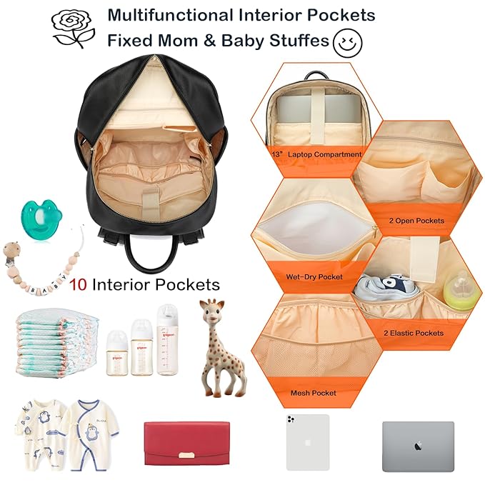 Leather Diaper Bag Backpack for Women with Multiple Pockets,Laptop Compartment and Changing Pad.