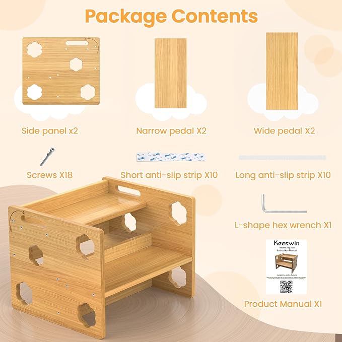 Step Stool for Toddlers Wooden, Flip Design with - Height - Adjustable Non-Slip 2-Step Stool for Kids, Non-Slip Stepping Stool for Bathroom Sink, Toilet Potty Training, Bedroom, Kitchen