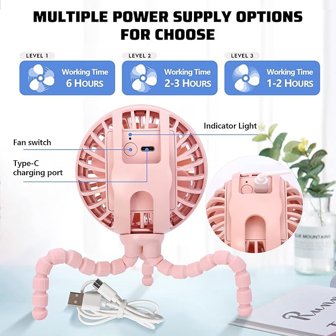LAT Stroller Fan Flexible Tripod Clip On Fan,Portable Fan Car Seat Baby Fan with Flexible Tripod (Pink)