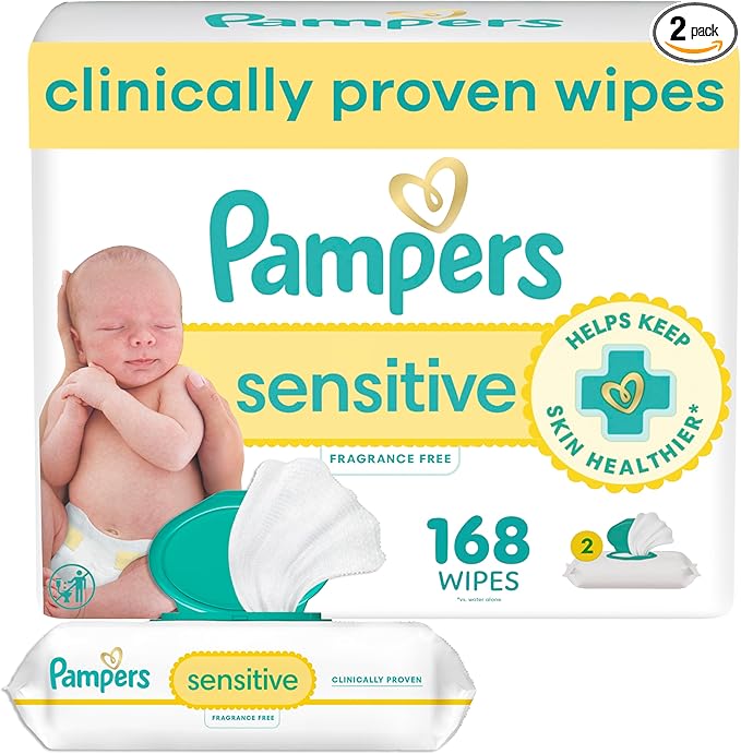 Pampers Baby Wipes Sensitive, Water Based Baby Wipes, Hypoallergenic and Unscented Baby Wipes, 168 Wipes Total (2 Flip-Top Packs)