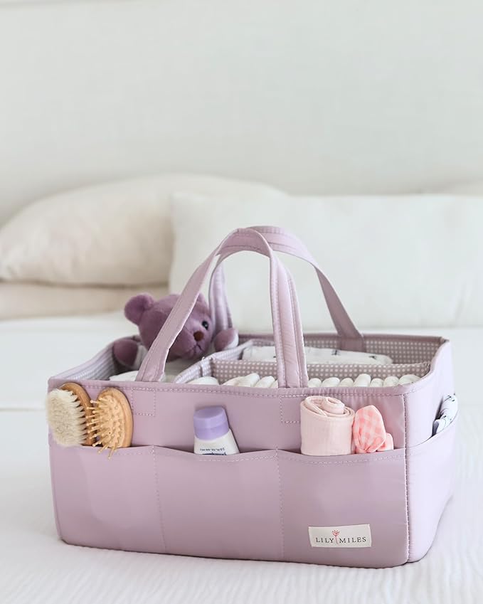 Lily Miles Baby Diaper Caddy Organizer, Wipeable Diaper Organizer Basket with 8 Pockets for Newborn Essentials, Baby Shower Gifts, Nursery Tote Bag for Changing Table or Car (Rosy Lilac, Large)