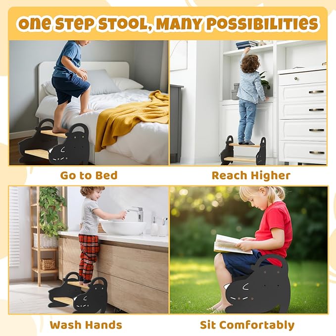 COSYLAND Wooden 2 Step Stools for Kids - Height Adjustable Toddler Stepping Stool with Non-Slip Surface - Portable Stool with Handles for Bathroom, Kitchen, Bedroom, 220 Lbs Capacity (Natural & Grey)