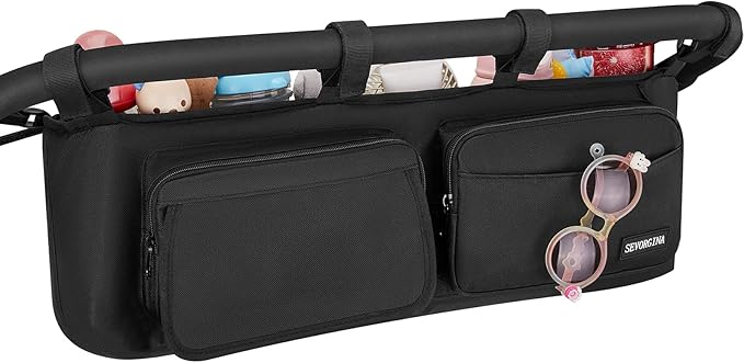 Double Stroller Organizer with 11 Compartment for Bob Duallie, Baby Jogger City Mini GT2, Double Jogging Stroller Caddy, Jeep, Zoe Stroller Accessories with 2 Insulated Pocket, Parent Console