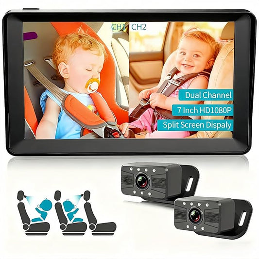 Baby Car Camera -7 Inch Split Screen with Dual Seat Cameras, Night Vision, HD 1080P - USB Powered Easy Install Rear Facing Baby Car Monitor - Perfect for 2Kids/Twins