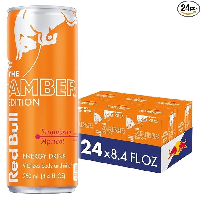 Red Bull Amber Edition Energy Drink, Strawberry Apricot, with 80mg Caffeine plus Taurine & B Vitamins, 8.4 Fl Oz, 6 Packs of 4 Cans (Pack of 24)