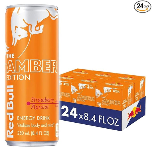 Red Bull Amber Edition Energy Drink, Strawberry Apricot, with 80mg Caffeine plus Taurine & B Vitamins, 8.4 Fl Oz, 6 Packs of 4 Cans (Pack of 24)