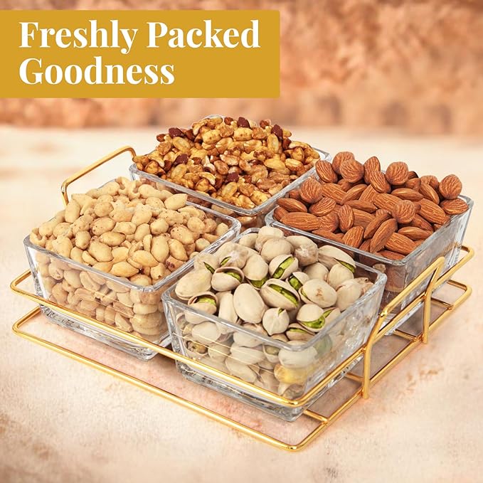 Nuts gift Basket Luxurious and Elegant 4 Sectional Premium Reusable Glass Tray, Perfect Holiday Food Gift Basket for Everyday Gifting