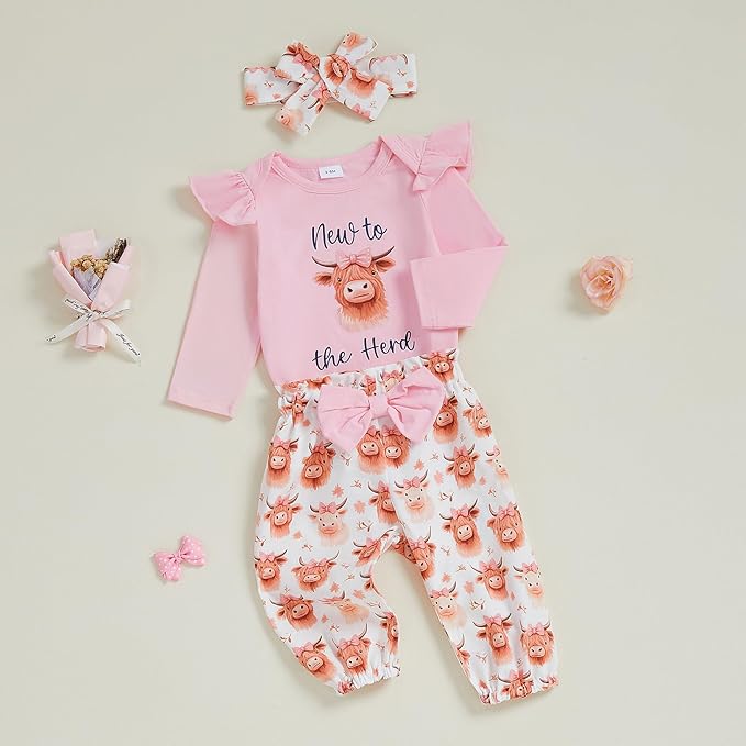 Fernvia Western Newborn Baby Girl Clothes Long Sleeve Letter Print Romper Animal Print Pants Headband 3Pcs Outfits Sets