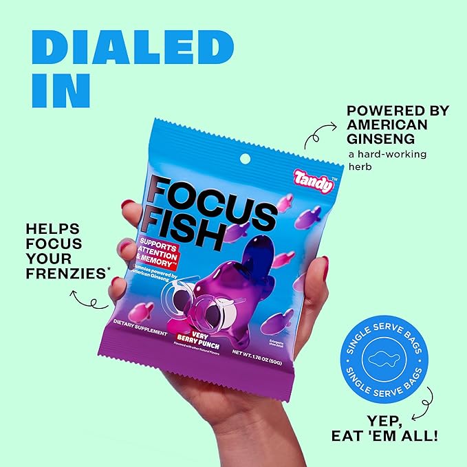 Tandy Focus Fish American Ginseng Gummies I Memory, Attention & Focus Gummies with Very Berry Punch Flavor I Gluten-Free Fast-Acting Dietary Brain Supplement Gummy I 6-Pack