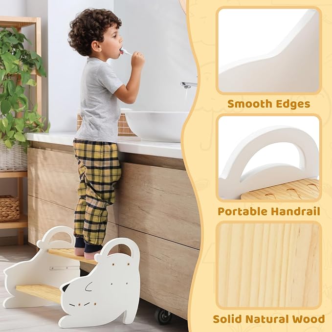 COSYLAND Wooden Kids Step Stool Holds Up to 220 Lbs - Adjustable Height 2 Step Stools for Toddlers - Easy to Clean Bathroom Stepping Stool with Non-Slip Surface and Carry Handle (Natural & White)
